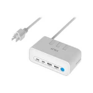 CARGADOR ACTECK ENERGON MATE CE676 / EXTENSIN DE ESCRITORIO / 2 X USB / 2 X TIPO C / 3 X CONTACTOS / SUPRESOR DE PICOS / BLANCO / INDICADOR LED / RESISTENTE AL FUEGO / 1.85 M / AC-936521