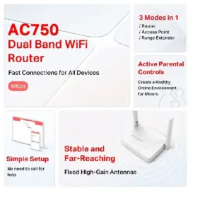 ROUTER | MERCUSYS | MR20 | DUAL BAND AC750 | 5GHZ 433MBPS | 2.4GHZ 300MBPS | 2 ANTENAS EXTERNAS | MULTIMODO | 1 PUERTO WAN | 2 PUERTOS LAN