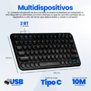 TECLADO MULTIDISPOSITIVO (HASTA 3)/ VORAGO / KBW-400, SLIM REGARGABLE TIPO C 2 BLUETOOTH WIRELESS NEGRO