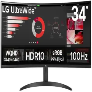 MONITOR PC LG CURVO ULTRAWIDE QHD 34WR50QK,34 PULG,RESOL. 3440X1440,1800R,PANEL VA,REL. 21:9,BRILLO 300 CD/M2,CONTR. 3000:1,TR 5MS,100 HZ,HDR10,HDMI,DISPLAY PORT,MONTABLE PARED 100X100,NEGRO.