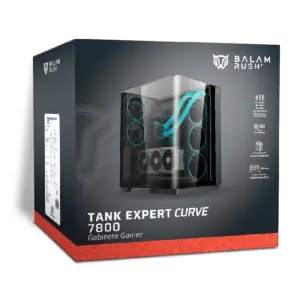 GABINETE GAMER BALAM RUSH TANK EXPERT CURVE 7800 / MEDIA TORRE / ATX/MICRO ATX- MINI ITX / VENTILADORES ARGB Y TIRAS LED / PANEL CURVO DE CRISTAL TEMPLADO / NEGRO / BR-941556