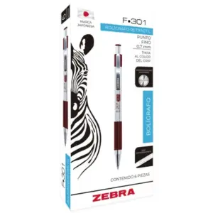 Boligrafo Zebra F-301 grip punto fino tinta vino cuerpo de acero caja c/6