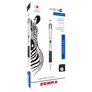 Bolígrafo Zebra Rollerball G-301 Punto Mediano 0.7mm Tinta Gel Color Negro C/6 Pzas