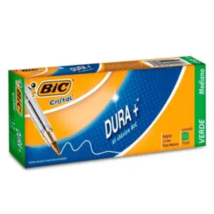 Bolígrafo BIC Cristal Dura+ Punto Mediano 1.0mm Color Verde C/12 Pzas
