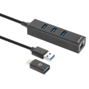 Adaptador de Red Manhattan USB A/C con Hub V3 Color Negro