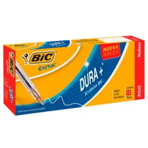 Bolígrafo BIC Cristal Dura+ Punto Mediano 1.0mm Color Rojo C/12 Pzas