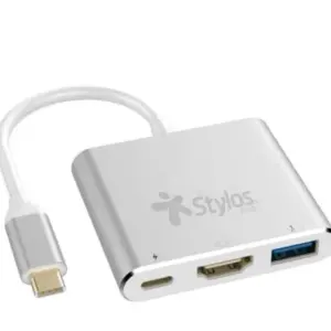 Hub 3 en 1 Stylos USB C a HDMI + USB 3.0 + USB C con Caja Gris