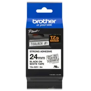 Cinta Brother TZES251G Laminada Súper Adhesiva Texto Negro Fondo Blanco 24mmx8m