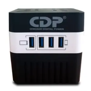 Regulador de voltaje CDP RU-AVR604 600VA/300W indicadores LED de funcionamiento 4 contactos NEMA 5-15R y 4 puertos USB