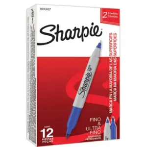 MARCADOR PERMANENTE SHARPIE TWIN DOBLE PUNTA FINO / ULTRA FINO AZUL C/12